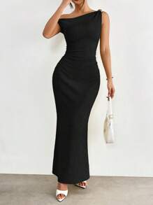 SHEIN EZwear 夏季针织提花金属扣装饰细肩带连衣裙 - 黑色 - 查看 3