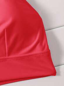 SHEIN Swim Women's Solid Color Criss-Cross Backless Bikini Top, Minimalistic Beach Vacation Style For Summer - Coral Pink - View 5