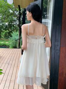 SHEIN LUNE Váy ngắn chữ A buộc cổ bèo nhún cho nữ ngọt ngào và lãng mạn - Màu vàng - Xem 2