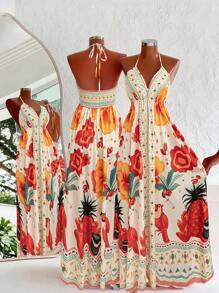 Sweetra Bohemian Style Printed Beach Strap Dress - Orange - View 1