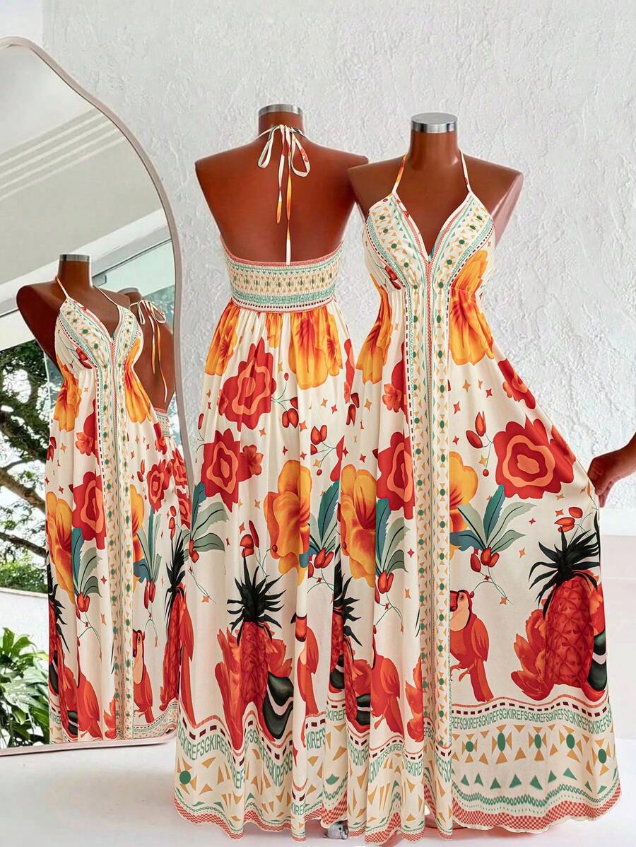 Sweetra Bohemian Style Printed Beach Strap Dress - Orange - View 1