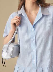 Muvela 女式蓝白条纹休闲衬衫裙，迷你长款，褶边，夏季连衣裙