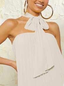 L'Amorae Neck Tie Pleated Dress - White - View 3