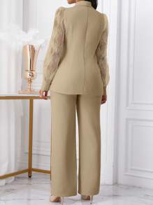 Xyvia 2pcs Women's Business Office Wear Embroidered Details Double-Breasted Fitted Blazer & Pants Set Fall Cloth For Women - Khaki - View 2