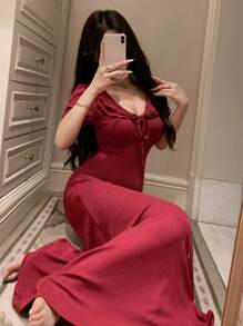 DAZY Plain Color Ruffled Deep Round Neck Waist Cinched Long Dress Home Wear For Women Red Women Dresses Pajama - Burgundy - View 6