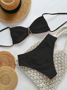 Swim Chiccia Bộ bikini 2 mảnh màu trơn dây mảnh trang trí kim loại thanh lịch cho nữ, trang phục đi biển mùa hè - màu đen - Xem 4