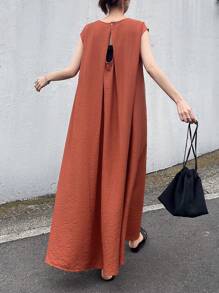 FRIFUL Women's Long Dress With Hollow Back Design And Flared Hem, Solid Color Round Neck Beach Vacation Dress,Casual Women Dresses - Orange - View 1