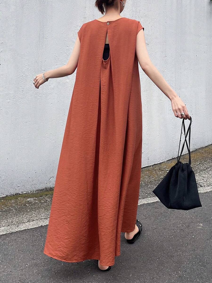 FRIFUL Women's Long Dress With Hollow Back Design And Flared Hem, Solid Color Round Neck Beach Vacation Dress,Casual Women Dresses - Orange - View 1