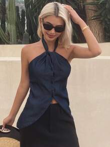 Livesso 女式露背系带前无袖休闲牛仔衬衫，夏季 - 深色水洗藍 - 查看 4