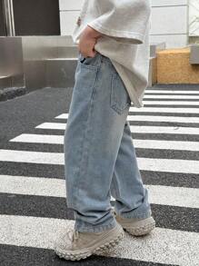 SHEIN Young Boy Distressed Retro Fashionable Vintage Washed Loose Fit Blue Baggy Denim Jeans Pants For Kids Clothes Boys Costume Daily Wear And Kids Summer And Spring Clothes