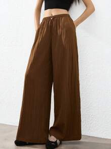Women's Brown Casual Retro Classic Loose Pants,Elastic Waist Adjustable Straight Leg Trousers,Viscose Blend Fabric,Autumn Vacation Daily Commute - Bronze - View 5