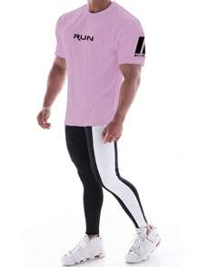 Manfinity Sport Corelite Camiseta deportiva de manga corta con cuello redondo y estampado de letras para hombre, de verano