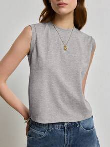 Airaco 女式纯色圆领休闲修身棉质吊带背心，夏季 - 灰色 - 查看 6