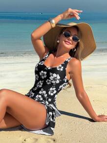 Swim Lushoire 1 bộ đồ bơi liền thân in họa tiết hoa đi nghỉ mát bãi biển dành cho nữ - màu đen - Xem 4