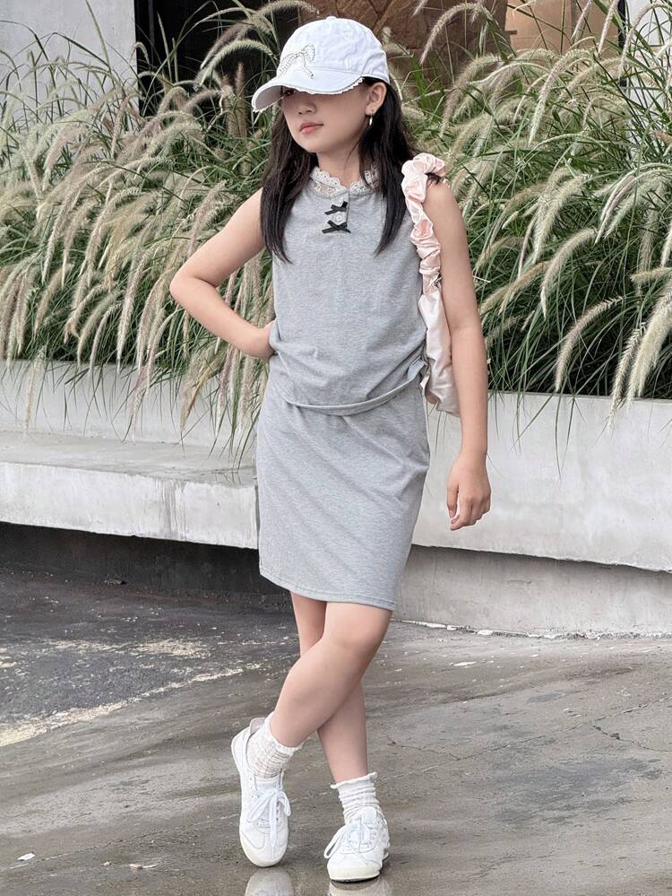 Summer New Girls' Fashion Lace Patchwork Bow Decor+Sleeveless Top+Skirt 2pcs Set, Casual Minimalist Versatile Daily Outfit,Back To School Clothes