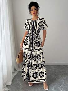 Breezaya 灯笼袖圆领抽绳腰部喇叭下摆度假连衣裙，迷人 - 黑色 - 查看 4