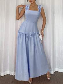 Elenzga Strappy A-Line Dress With Frill Trim, Blue & White Striped, Cinched Waist, Elegant French Country Style For Spring/Summer Holiday/Beach