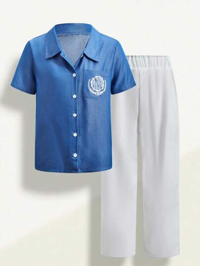 SHEIN Conjunto de 2 piezas para niño preadolescente con camisa casual de efecto vaquero y pantalones largos versátiles y sencillos