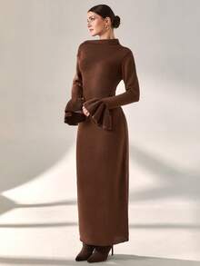 EURMUSE Elegant Draped Mock Neckline Long Sleeve Ruffle Cuff Maxi Bodycon Knitted Solid Color Chic Knitted Dress For Fall Winter - Brown - View 4