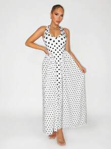 Zolique Vestido vintage assimétrico com decote em V e bolinhas para mulheres, férias de verão