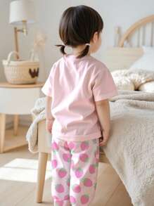 Baby Girls Fruit & Strawberry Pattern Pajamas Set, Loose Fit Suitable For Summer - Multicolor - View 2