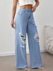 SHEIN Tall Jeans azules de pierna ancha y suelta con rasgados para mujer