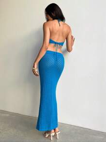 Aloruh 2 Stück/Set Damen einfarbiges Crop Top mit Hohlmuster und gestrickter Rock Outfit - Blau - Übersicht 5