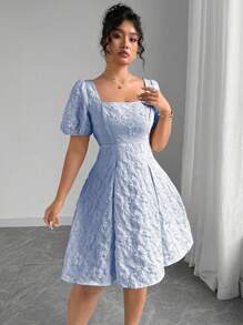 Elenzga 大码女装畅销花卉提花优雅泡泡袖方领连衣裙 优雅礼服 女士连衣裙 生日女士短裙 夏季工作连衣裙 夏季女装 - 藍色 - 查看 4