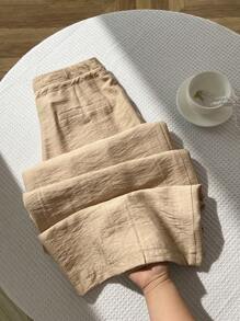 SHEIN Unity Women's Fall Spring/Summer Drawstring Pleated Wide Leg Loose Relaxed Casual Pants - Khaki - View 5