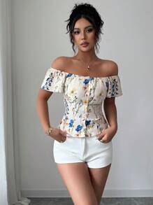 Elenzga Women's Vacation Floral Print One-Button Off-Shoulder Blouse
