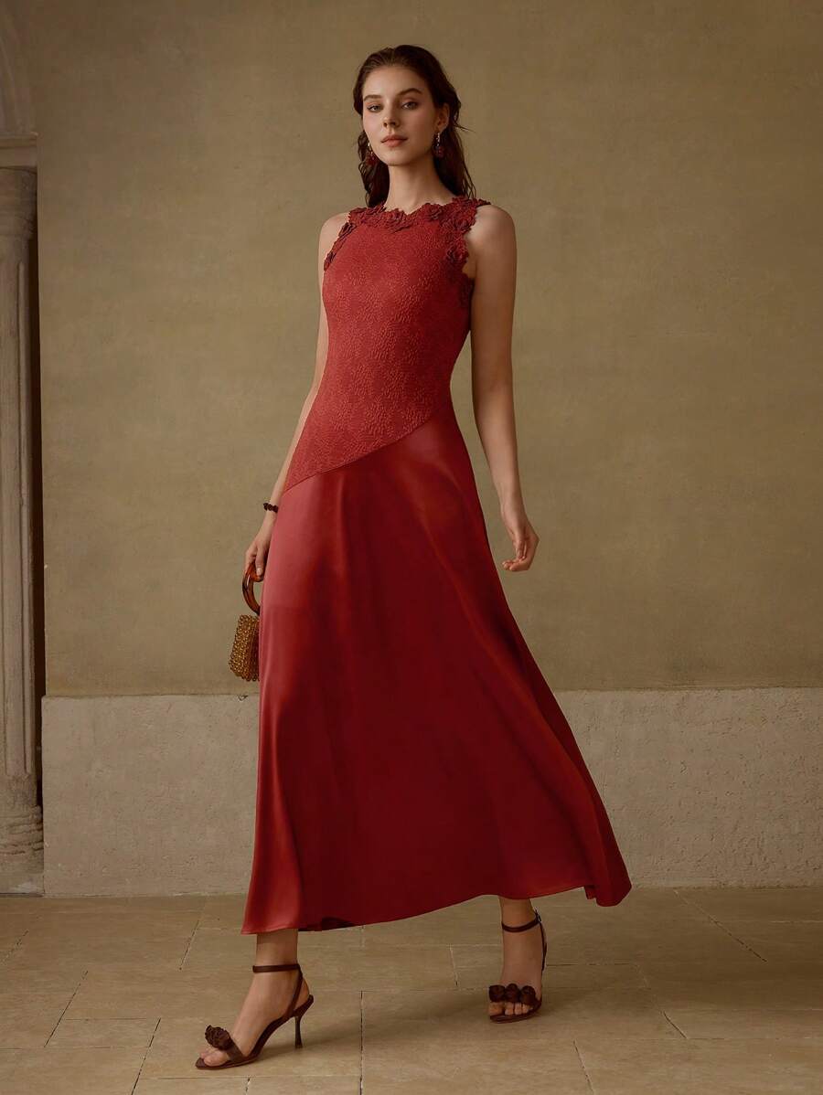 MOTF PREMIUM APPLIQUES A-LINE SLIM FIT DRESS - Redwood - View 1