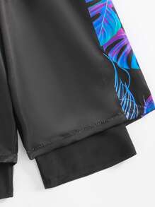 Tween Boy Round Neck Raglan Sleeve Summer Casual Swimsuit, Two-Piece Swimwear With Printed Design