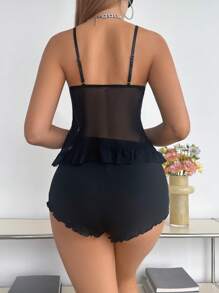 Summer Sexy Lace & Mesh Strap Shorts Sleepwear Set - Black - View 2