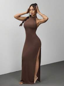 Jeanoix 女式纯色露背高开衩长裙，性感春夏装