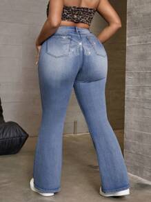 SHEIN EZwear 大码休闲水洗高腰修身喇叭牛仔裤 - 藍色 - 查看 8