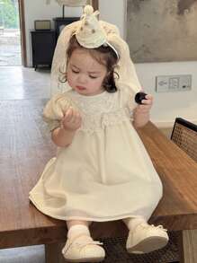 Hapijoa Baby Girl Lace Patchwork Round Neck Midi Party Birthday Dress - Beige - View 4