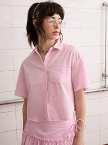 COUREZ Áo sơ mi tay ngắn dáng suông với chi tiết bèo nhún phía sau, áo mùa hè dễ thương cho nữ, áo hè kiểu vintage Y2K. - Nhiều màu - Xem 4