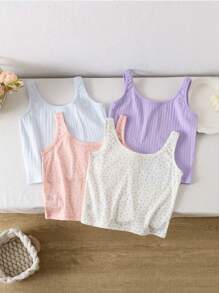 4 pièces/Set Top de Camisole d'été/printemps pour filles en grande taille, à pois et fleurs de style marguerite, multicolore blanc/rose/jaune