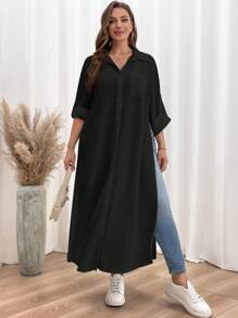 SHEIN Essnce 大码衬衫裙、黑色连衣裙、高开叉长袖连衣裙、长袖衬衫、黑色连衣裙、葬礼、长袖连衣裙 - 黑色 - 查看 4