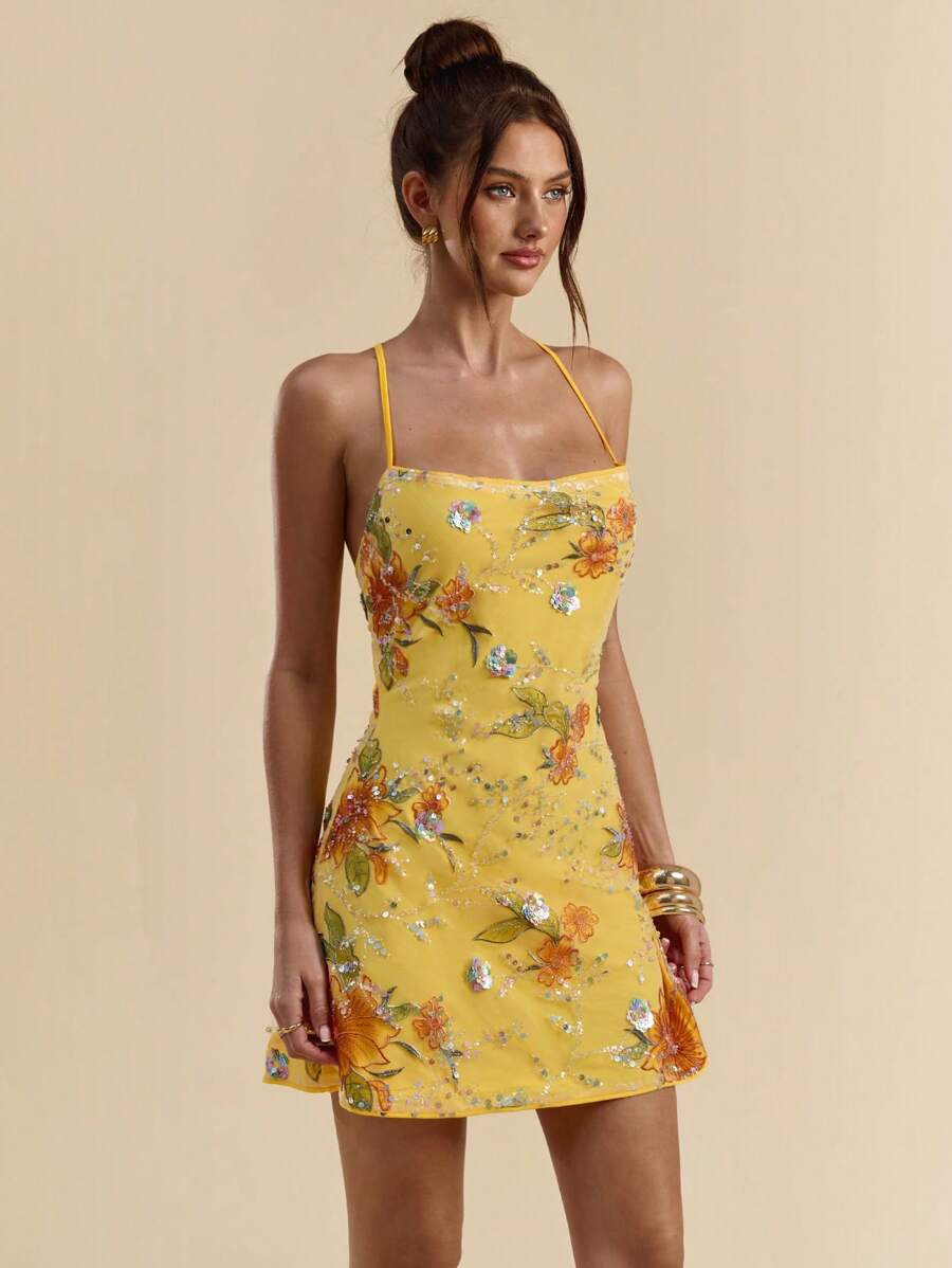 SHEIN BAE Đầm ôm body hở lưng thêu sequin màu cam sáng kết cấu dây buộc mini loe cho nữ, trang phục đi nghỉ - trái cam - Xem 1