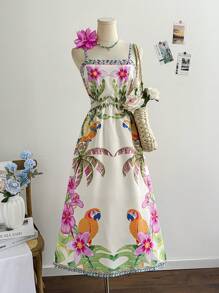 Soleia Women's Tropical Holiday Green Palm Leaf & Floral Print Side Cutout Tie-Waist Sleeveless A-Line Midi Dress For Resort - Multicolor - View 1