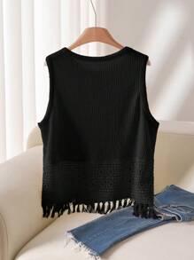 CosyJoli 大码女士休闲纯色蕾丝拼接吊带背心/上衣，夏季，商务休闲女装，略微透视，外出上衣 - 黑色 - 查看 2