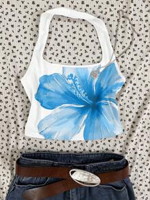 SHEIN EZwear Women's Casual Backless Tank Top, Blue Hibiscus Floral Print, Suitable For Summer Vacation - Multicolor - View 10