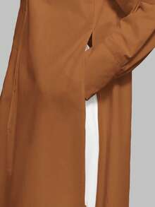 Ontre 女士棕色前开襟纽扣侧开衩衬衫，都市通勤商务休闲风，优雅办公室着装，百搭女士衬衫，适合婚礼宾客穿着 - 棕色 - 查看 7
