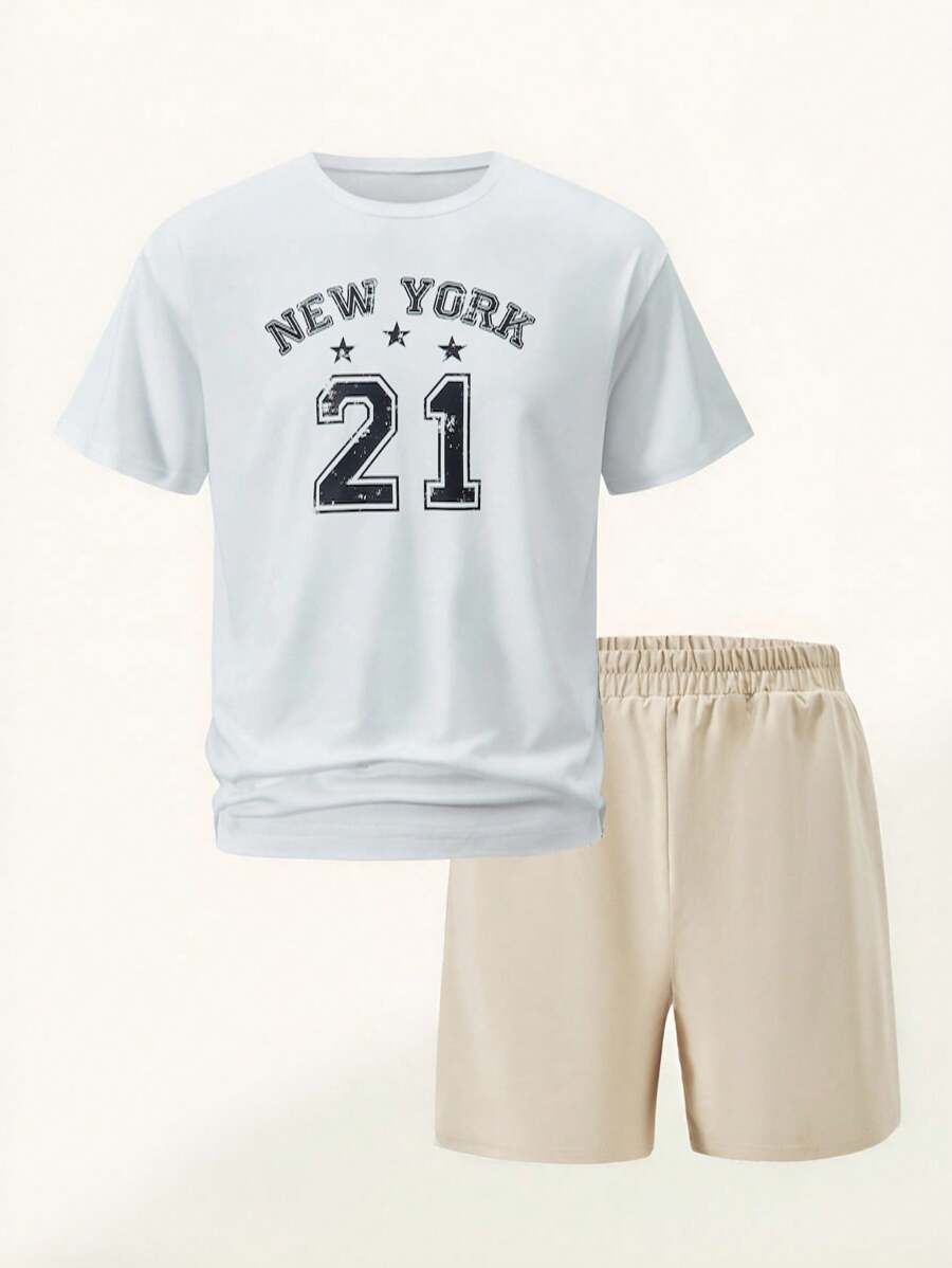 SHEIN Casuvi Kids 2 件套青少年男孩休闲宽松纽约图案 T 恤带口袋和短裤套装