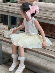 DAZY 女童卡通印花上衣和薄纱裙两件套，女童夏季服装