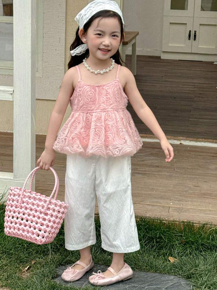 2pcs/Set Young Girl Floral Embroidery Camisole Shirt And Wide Leg Lace Trim Pants,Girls Summer Outfits
