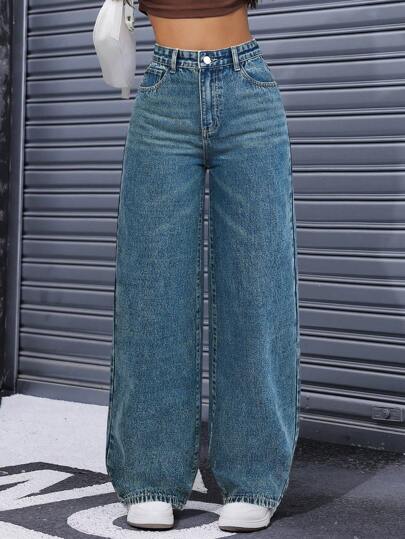 Solid Color Casual Versatile Wide Leg Jeans