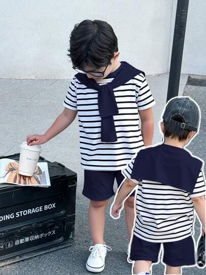 2 Pieces Set Young Boys' Casual Sports College Artistic Style Retro Black And White Striped Round Neck T-Shirt And White Shorts Suit With Shawl Decoration Suitable For Children's Clothing Young Boy Clothes Back To School Boy Suit Suitable For Birthday Parties, Evening Parties, Performances, Weddings, Baptisms, Opening Ceremonies, Daily Suitable For School Suitable For Travel Suitable For Vacation Suitable For Spring And Summer