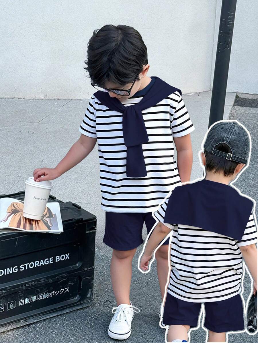 SHEIN 2件套 青少年男童休闲运动学院文艺风复古黑白条纹圆领T恤白短裤套装带披肩装饰 适合童装 青少年男童衣服 返校男童西装 适合生日派对、晚会、演出、婚礼、洗礼、开幕式、日常 适合上学 适合旅行 适合度假 适合春夏季